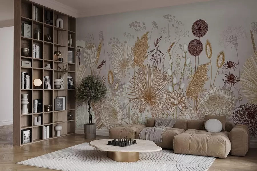 murales de pared Flores y plantas en cálidos tonos beige de estilo botánico que muestran una gran variedad de formas y texturas  w08672