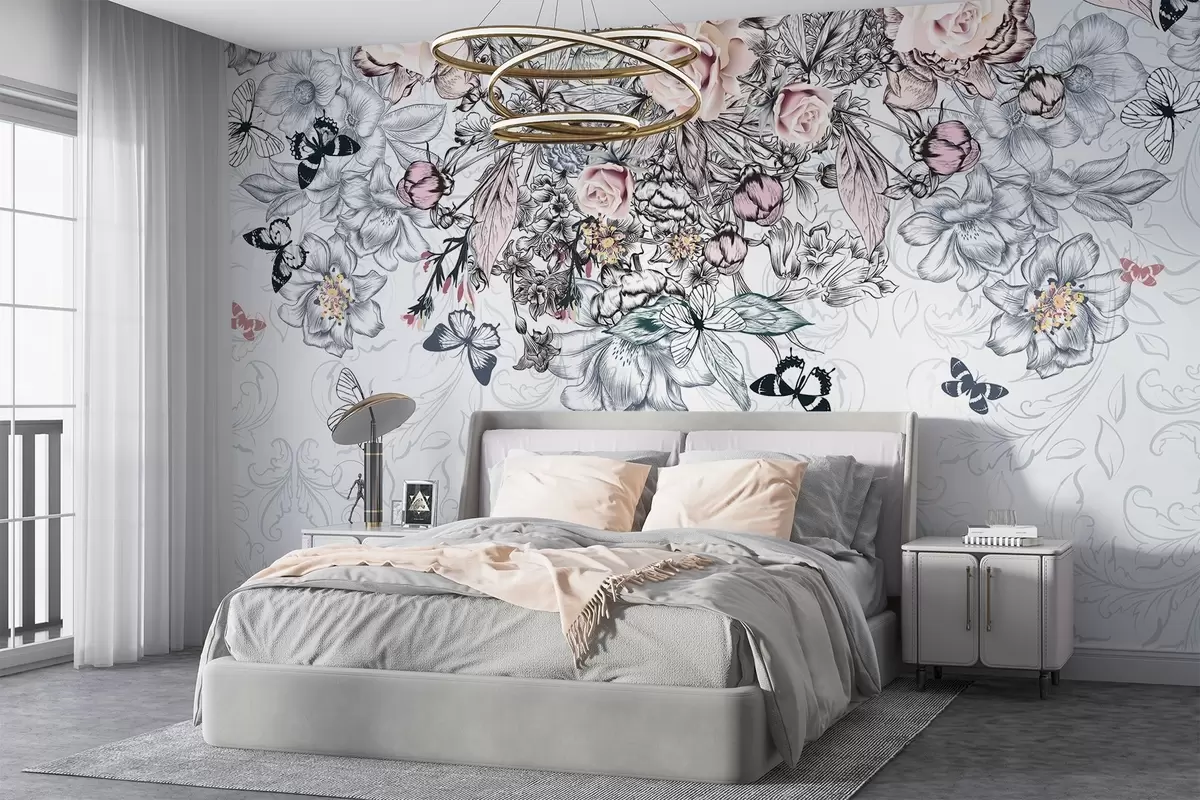 murales de pared Un dibujo floral con rosas rosadas y varias flores y mariposas con intrincado arte lineal sobre fondo texturizado w08674