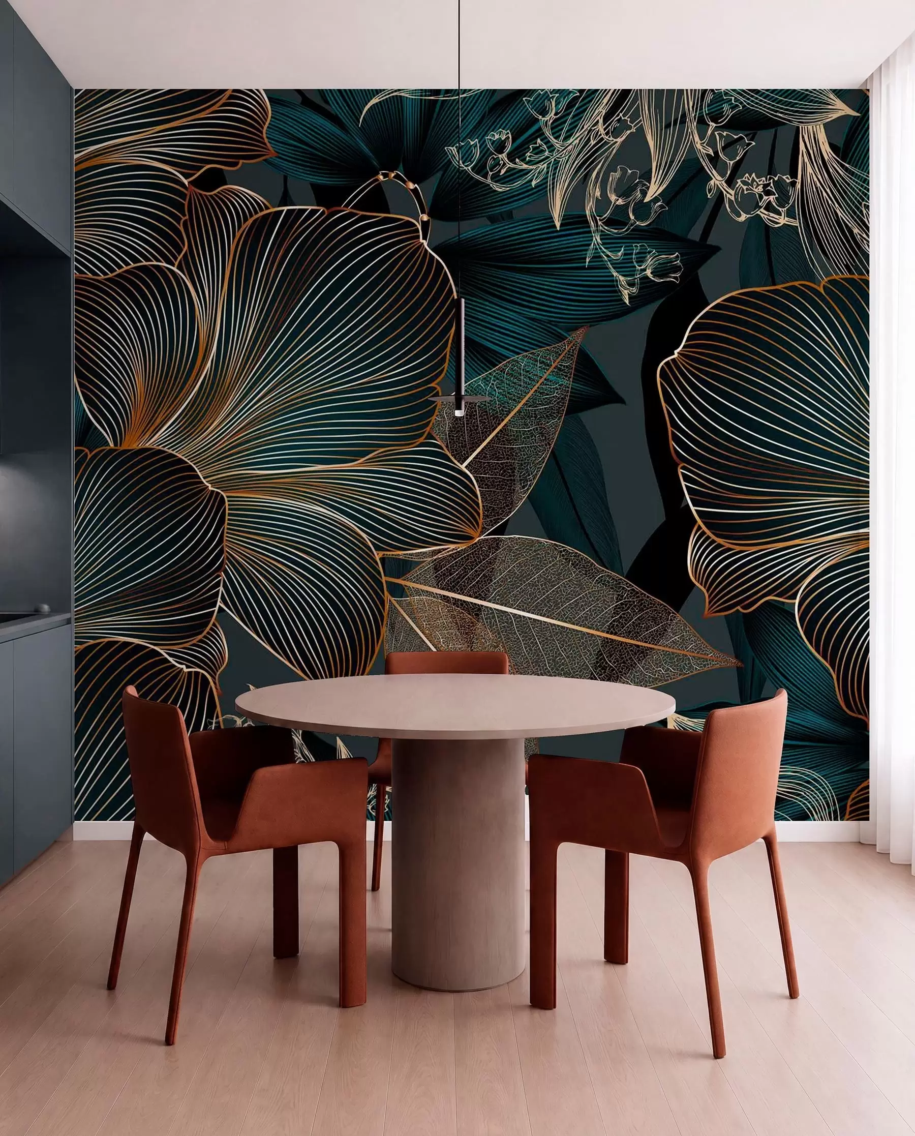 murales de pared Pétalos azul verdoso en líneas w08675