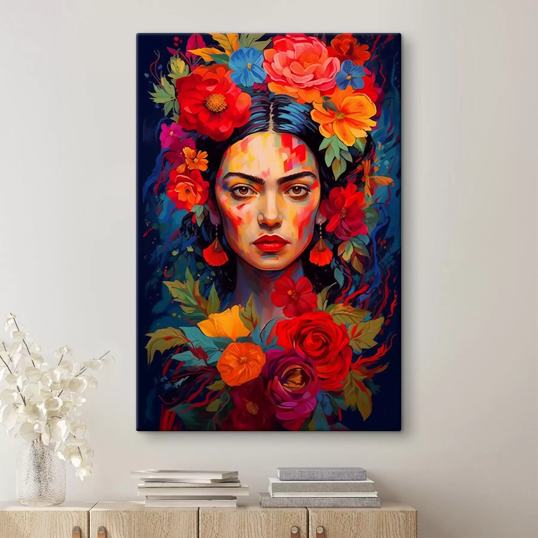 murales de pared Retrato de mujer con marco floral en estilo abstracto brillante s42653