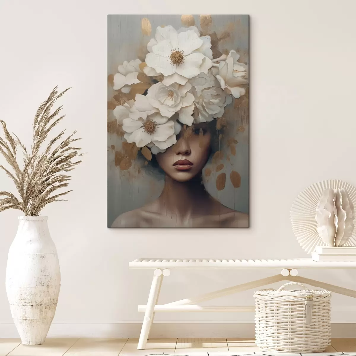 murales de pared Retrato con flores blancas s42664