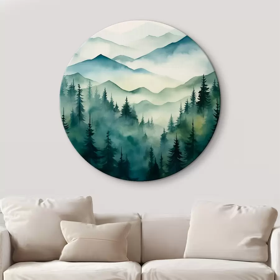 murales de pared Paisaje brumoso con montañas y bosque r42662