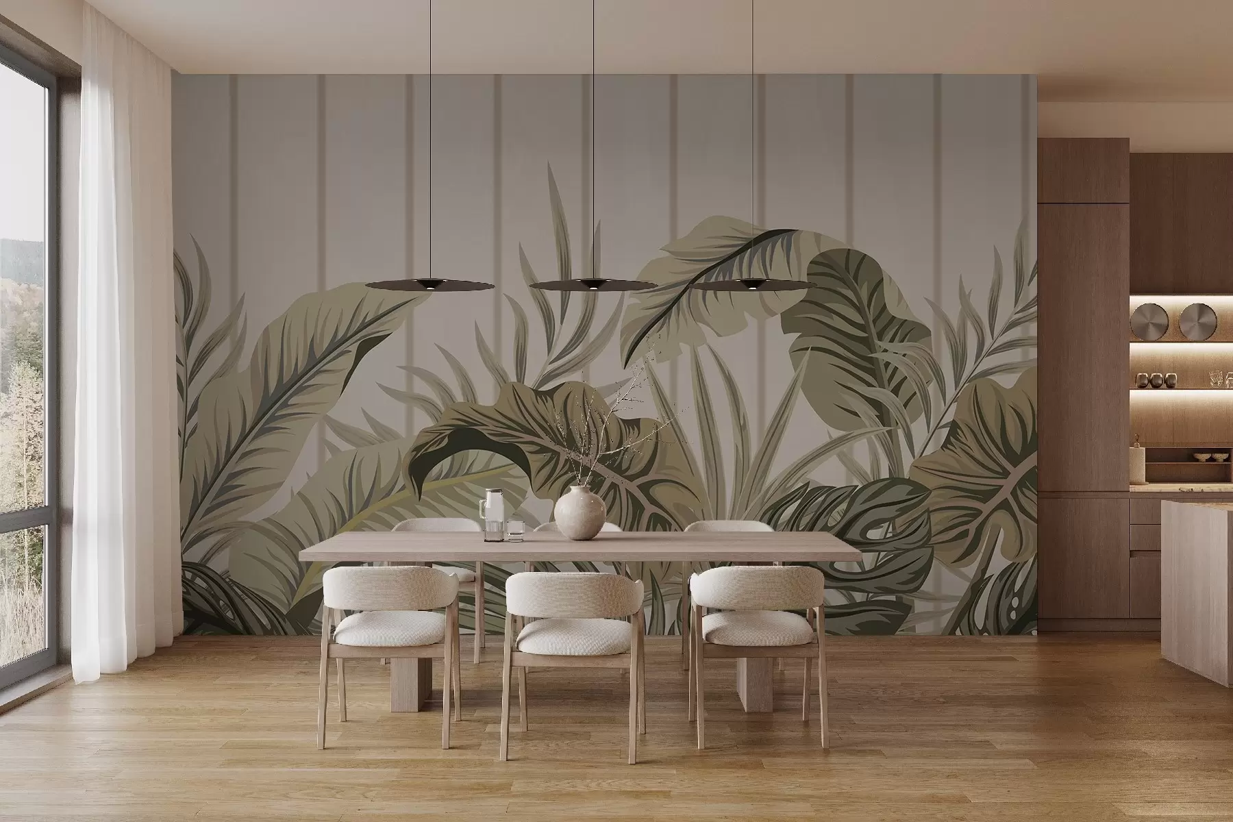 murales de pared Motivo de follaje tropical en tonos verdes y beige apagados sobre fondo claro con líneas verticales w08683