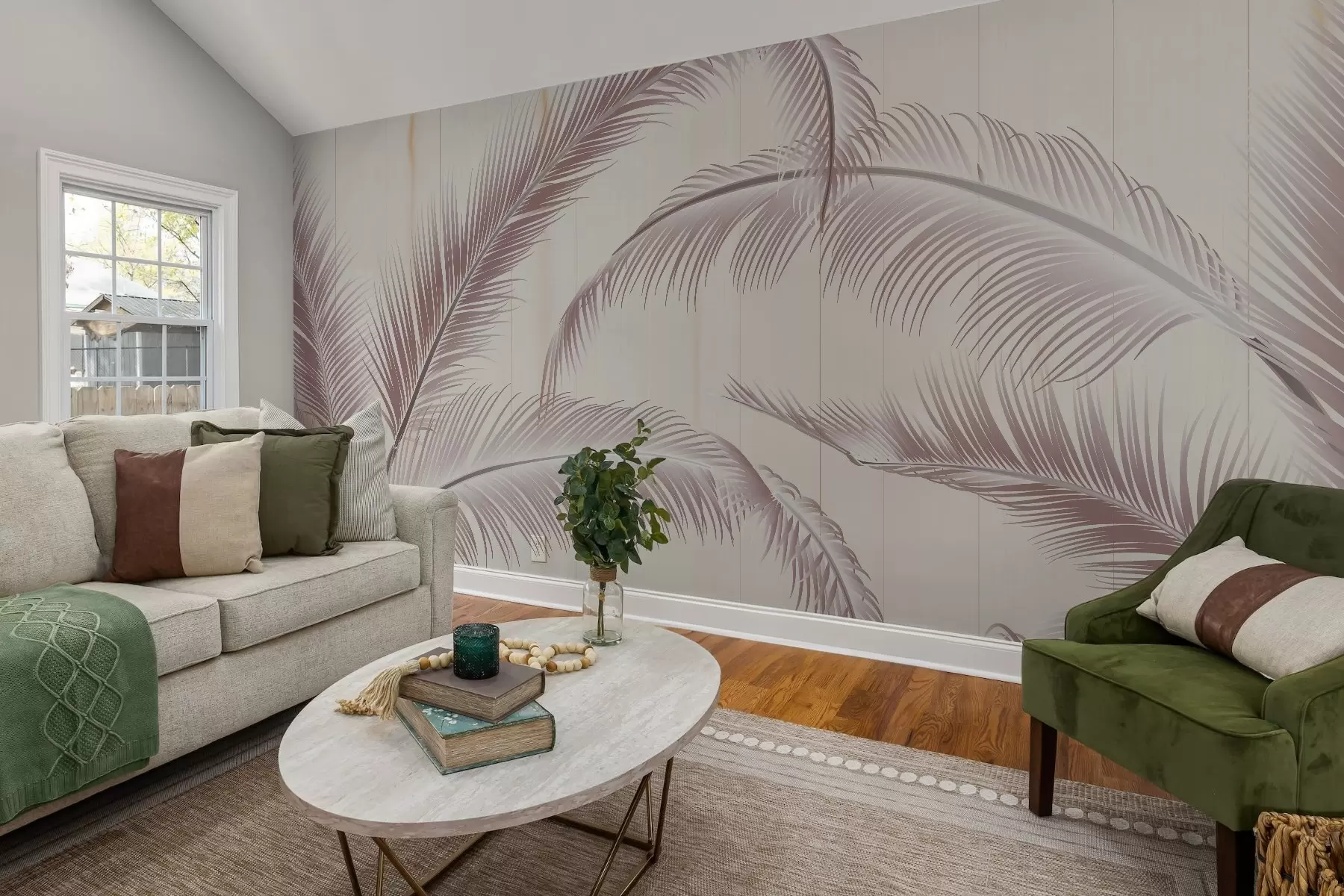 murales de pared Gran motivo de plumas en suaves tonos rosa y beige sobre un fondo claro con líneas verticales que añaden un toque de elegancia w08685