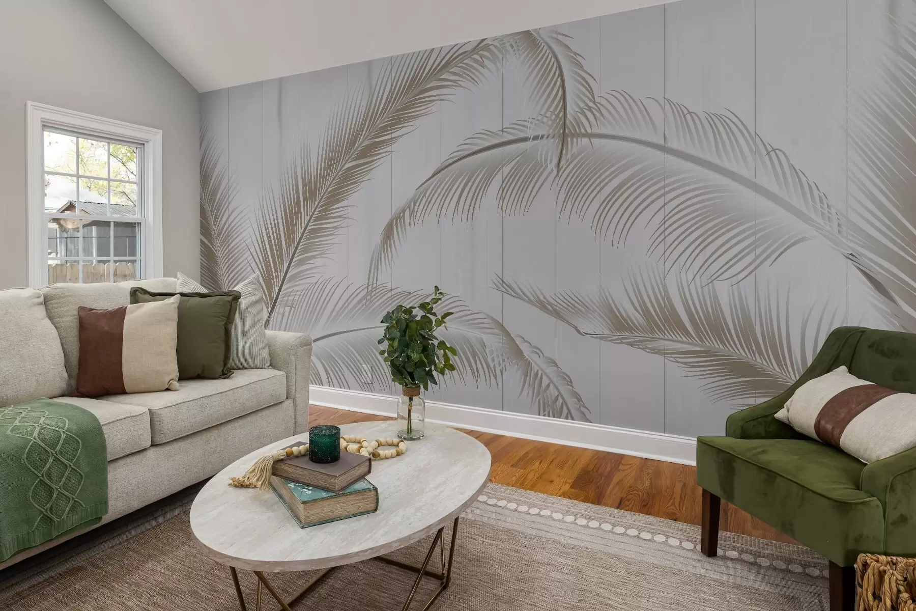 murales de pared Gran motivo de plumas en suaves tonos marrones sobre un fondo claro con líneas verticales para dar un toque de sofisticación w08685v2