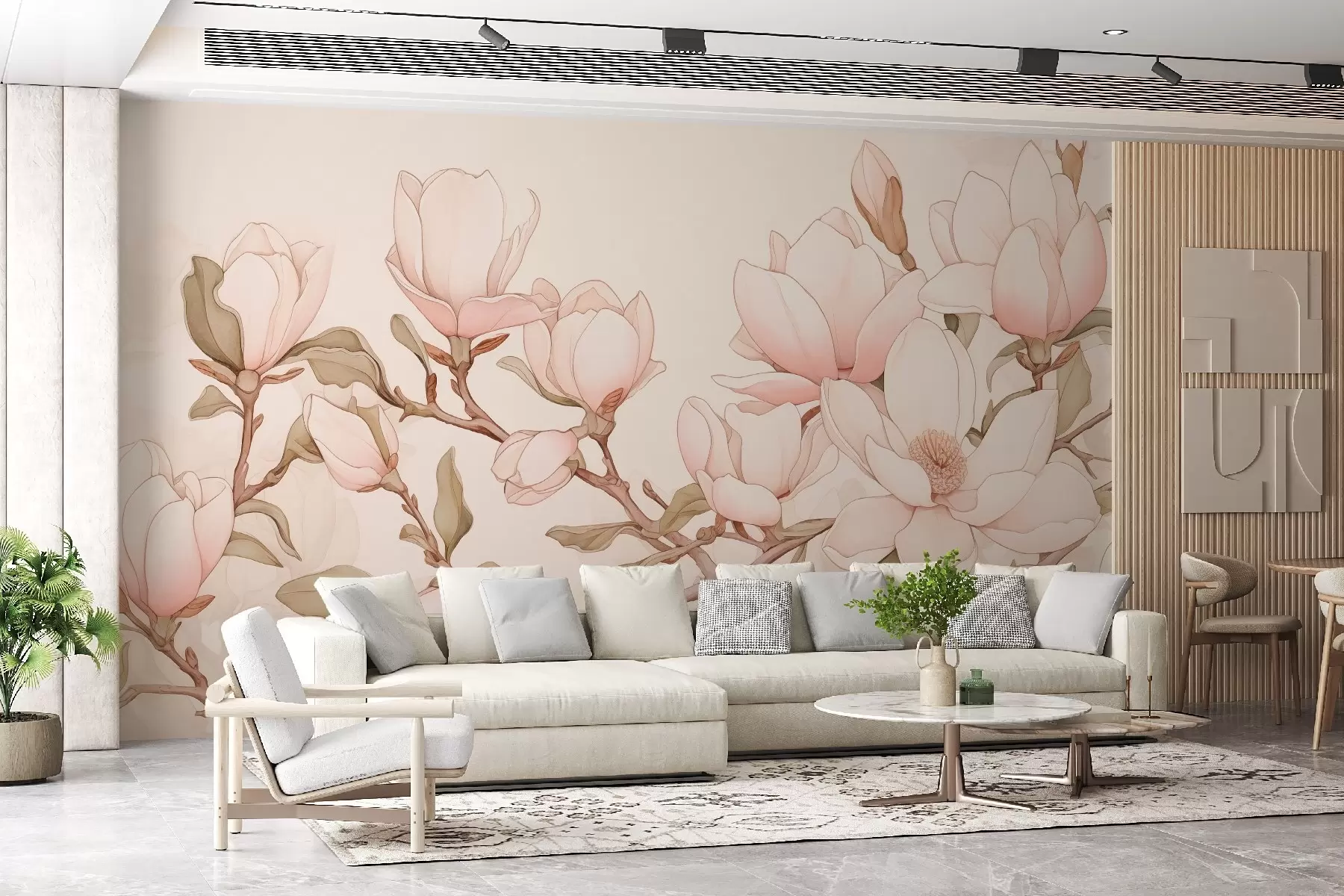 murales de pared Ramas de magnolia con delicadas flores rosas sobre un fondo claro, creando un ambiente sofisticado y tranquilo w08688