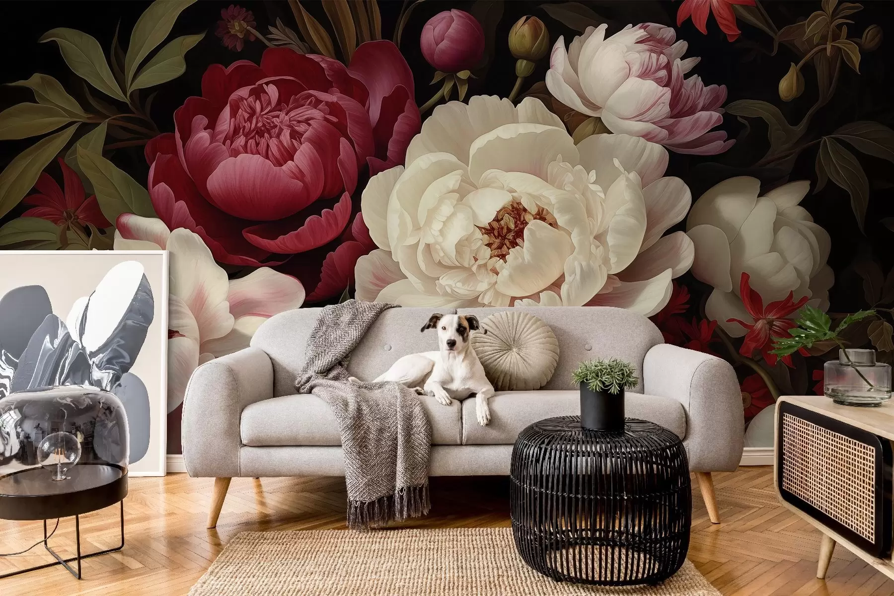 murales de pared Un lujoso ramo de peonías y flores en ricos tonos rojos, rosas y cremas sobre un fondo oscuro w08689