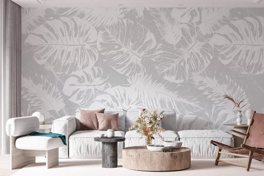murales de pared Siluetas de hojas blancas sobre fondo texturizado w02895