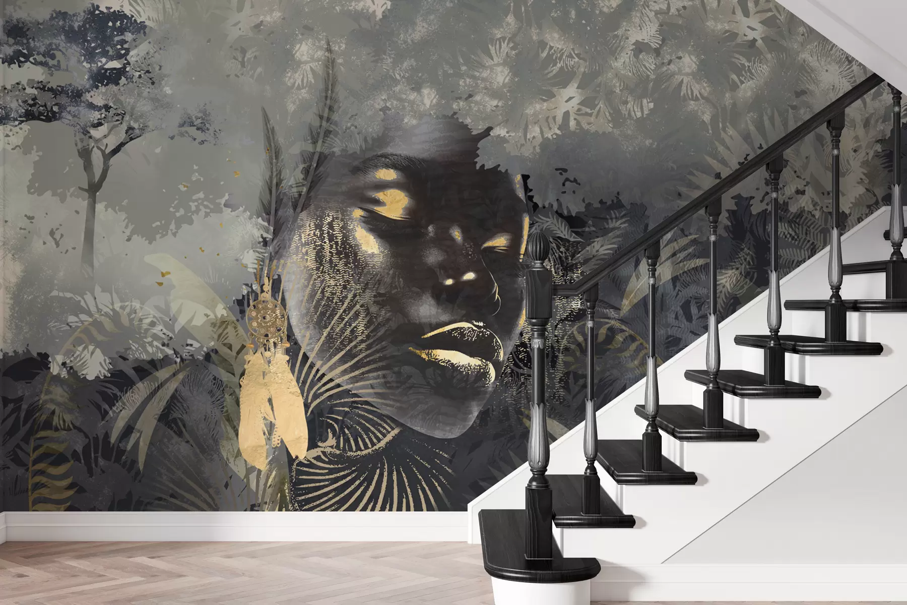 murales de pared África mágica con selva tropical, elementos femeninos y vectoriales w02642