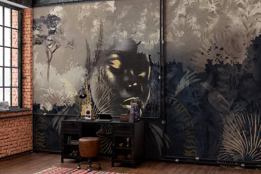 murales de pared África mágica con selva tropical, elementos femeninos y vectoriales con tinte azul w02642v1