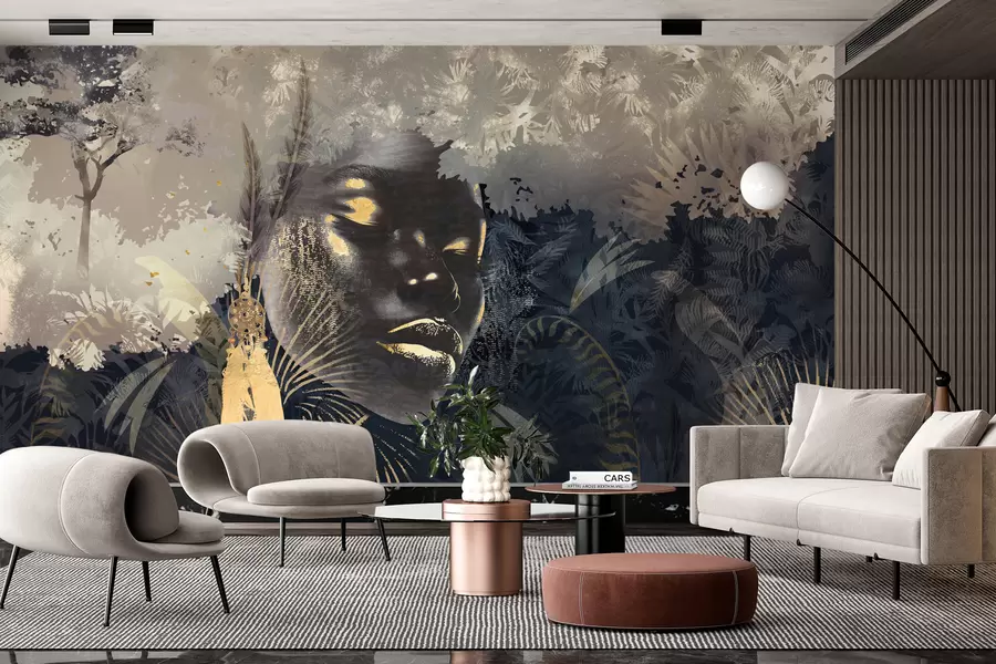 murales de pared África mágica con selva tropical, elementos femeninos y vectoriales con tinte azul w02642v1