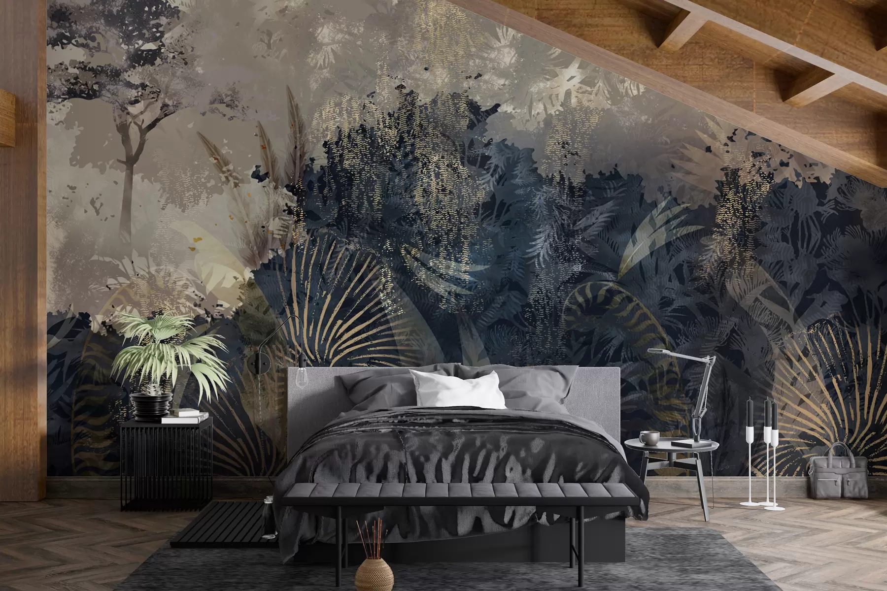 murales de pared África mágica con selva tropical y elementos vectoriales con tinte marrón w02643v1