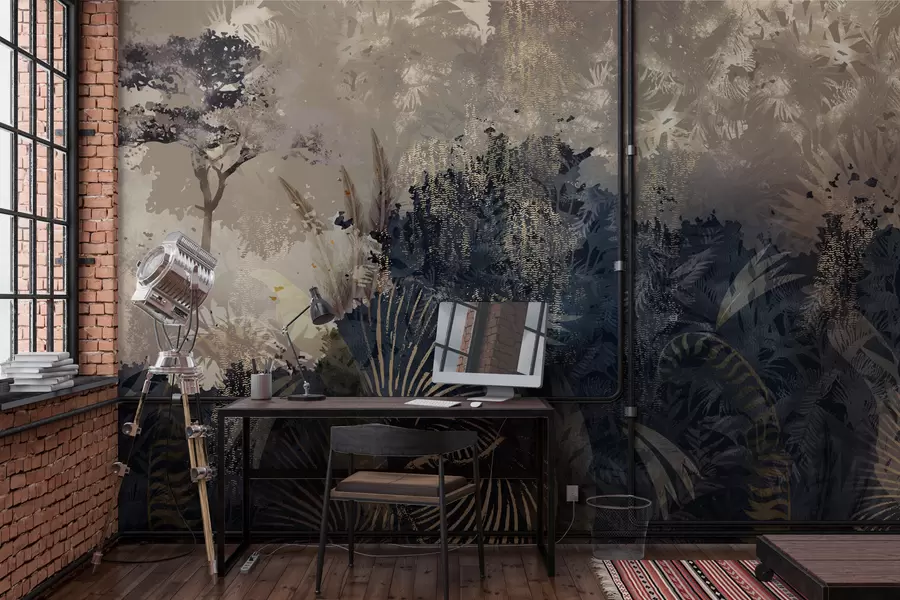 murales de pared África mágica con selva tropical y elementos vectoriales con tinte marrón w02643v1