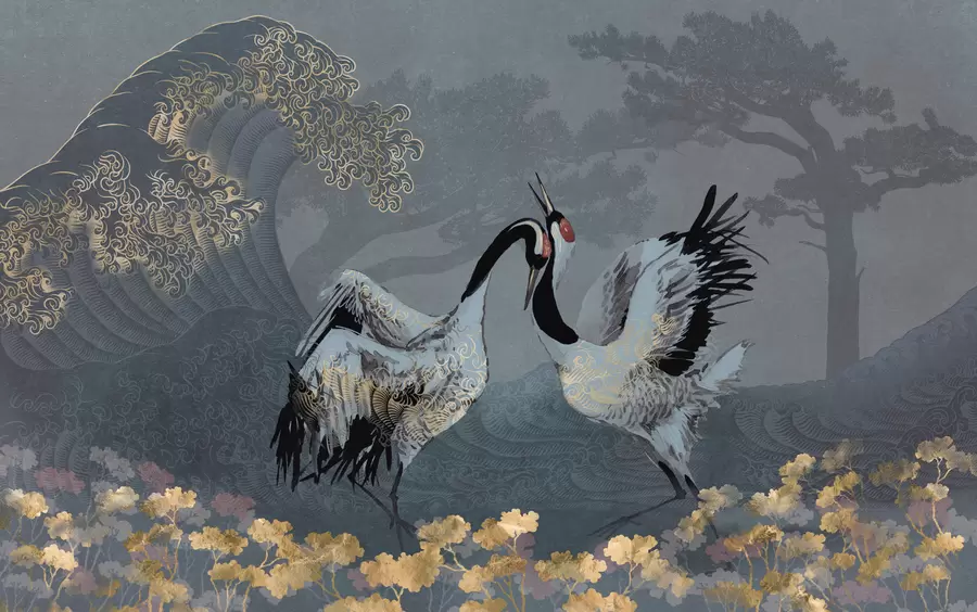 murales de pared Grullas, árboles y olas con elementos de estilo chino w02747