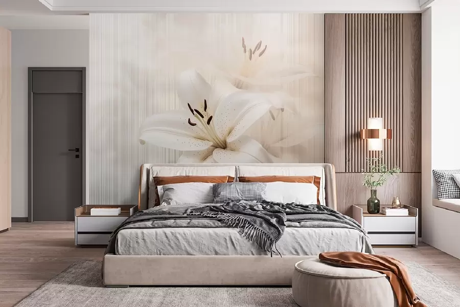 murales de pared Delicados lirios beige sobre un fondo de rayas verticales w08676