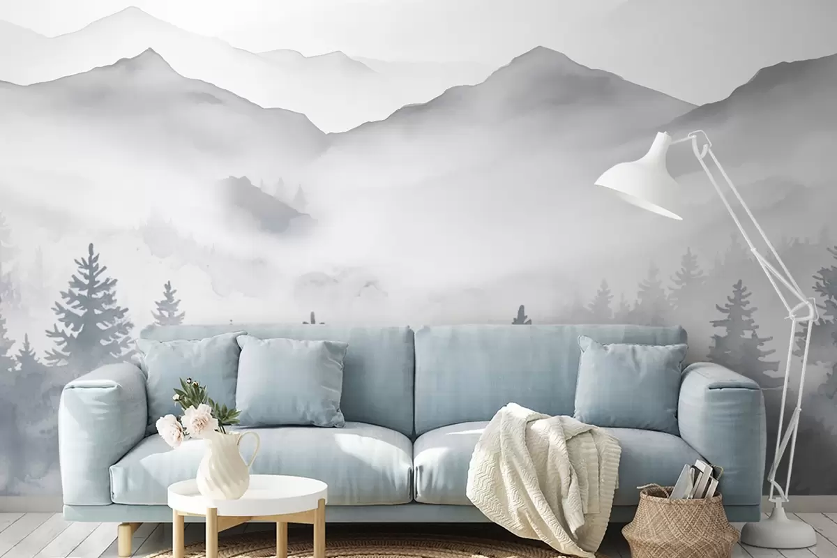murales de pared Sereno paisaje de montaña con bosques brumosos en suaves tonos grises y azules w08680