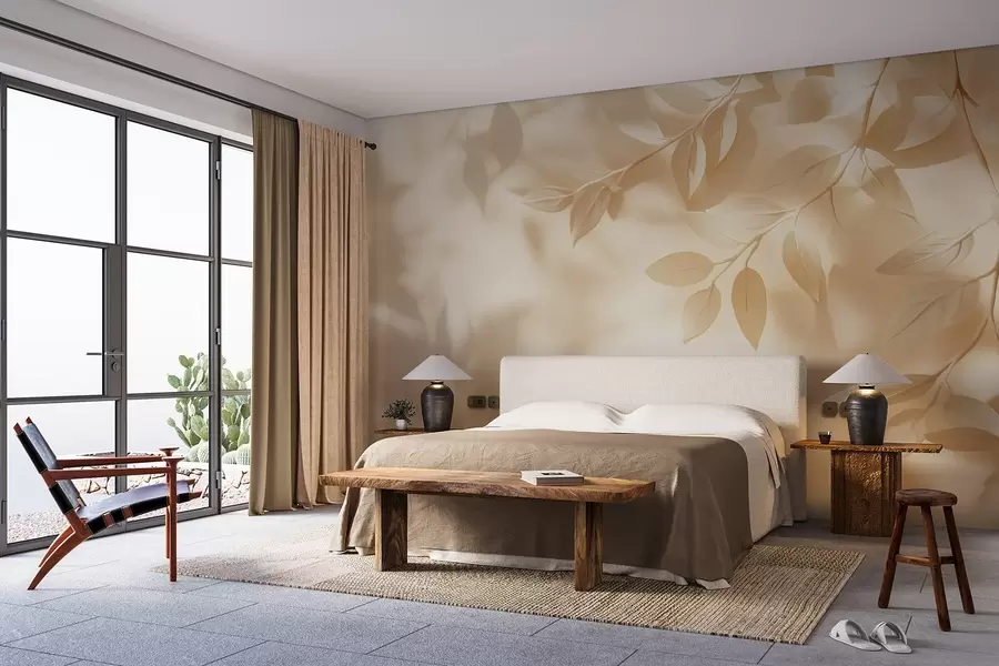 murales de pared Ramas de árbol amarillas sobre fondo beige w08682