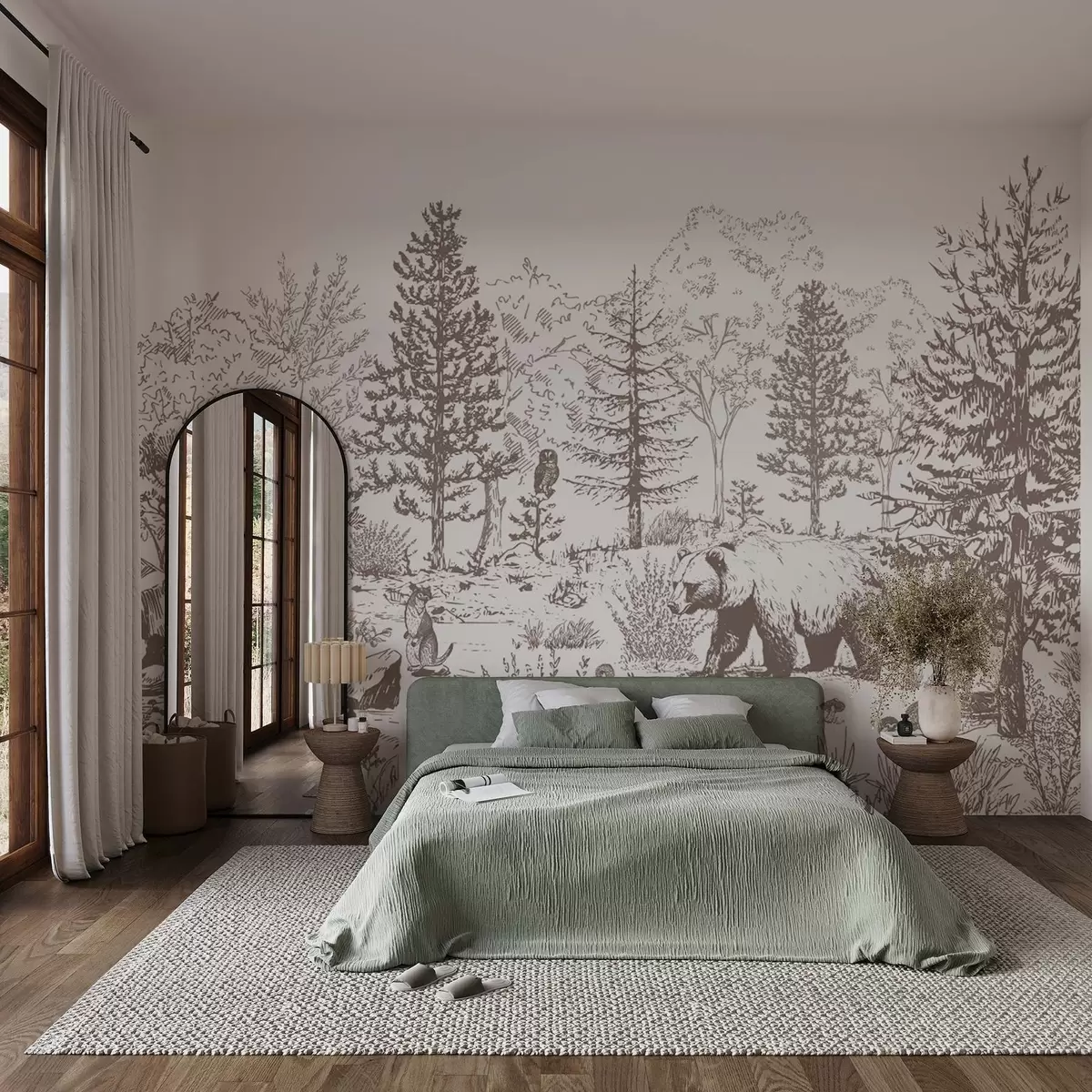 murales de pared Vida en el bosque, árboles, animales salvajes, oso, zorro, búho, arbustos, dibujo a lápiz, colores beige w02929