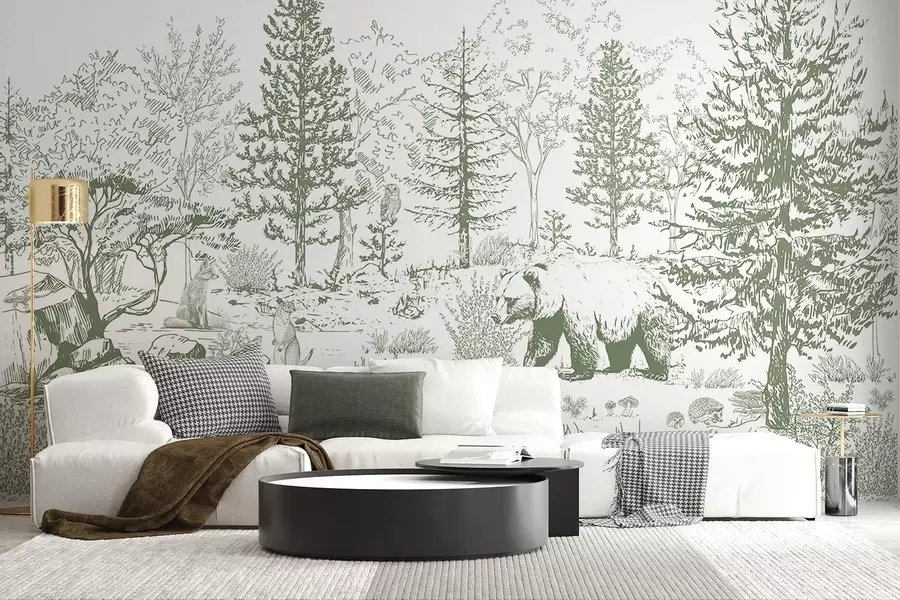murales de pared Vida en el bosque, árboles, animales salvajes, oso, zorro, búho, arbustos, dibujo a lápiz, colores verdes w02929v2
