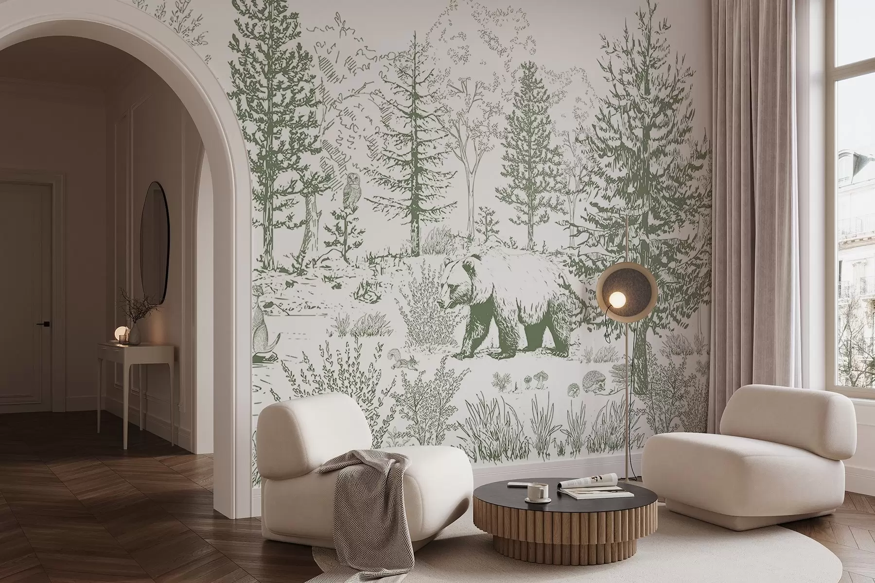 murales de pared Vida en el bosque, árboles, animales salvajes, oso, zorro, búho, arbustos, dibujo a lápiz, colores verdes w02929v2