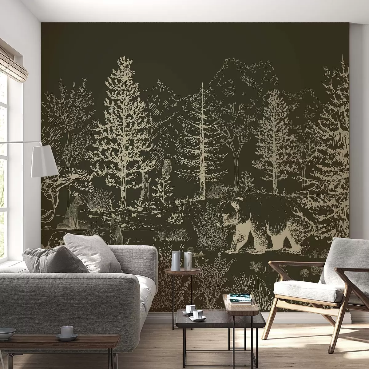 murales de pared Vida en el bosque, árboles, animales salvajes, oso, zorro, búho, arbustos, fondo verde oscuro w02929v3