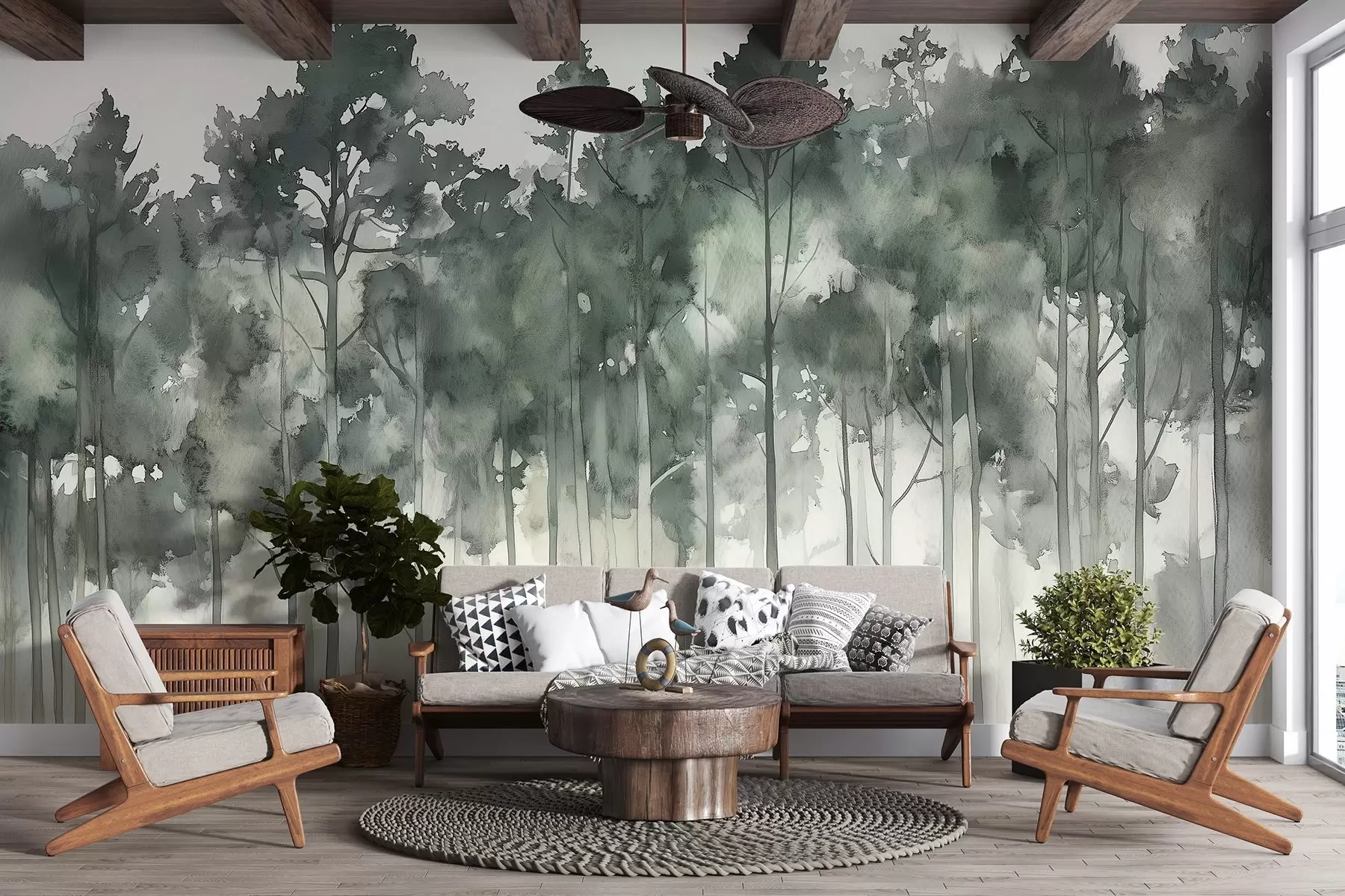 murales de pared Bosque estilo acuarela, pinos, paisaje natural, colores verdes w02937