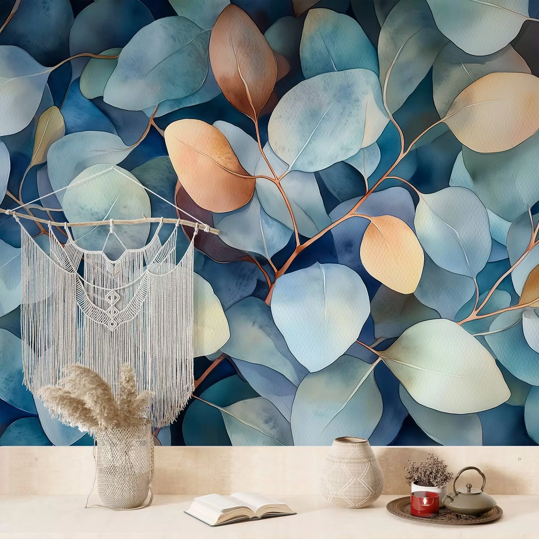 murales de pared Hermosas hojas de eucalipto, patrón floral, dibujo estilo acuarela w02939