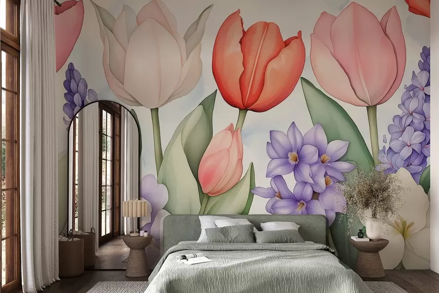 murales de pared Flores de primavera, tulipanes, jacintos, dibujo estilo acuarela, floral w02940