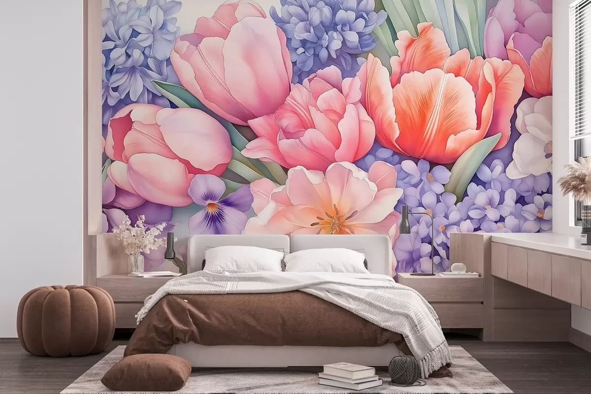 murales de pared Ramo floral, tulipanes, jacintos, colores morados, primavera w02941