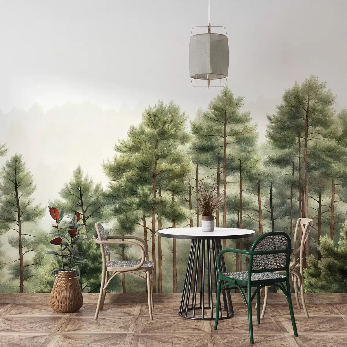 murales de pared Bosque con pinos, dibujo al óleo, naturaleza w02942