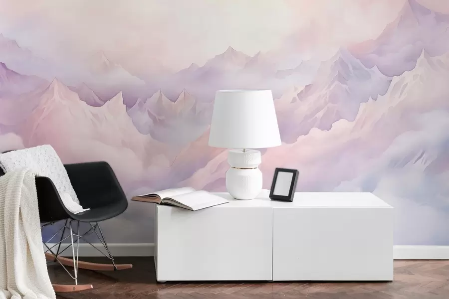 murales de pared Montañas etéreas con nubes, estilo acuarela, suaves colores púrpura y rosa w02943