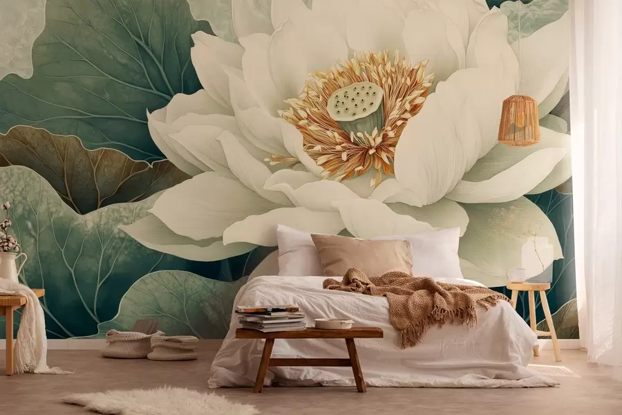 murales de pared Nenúfar grande sobre un fondo de hojas w02905