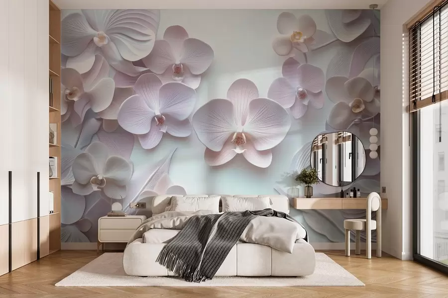 murales de pared Delicadas flores de arquidios en colores claros con imitación 3D  w02912