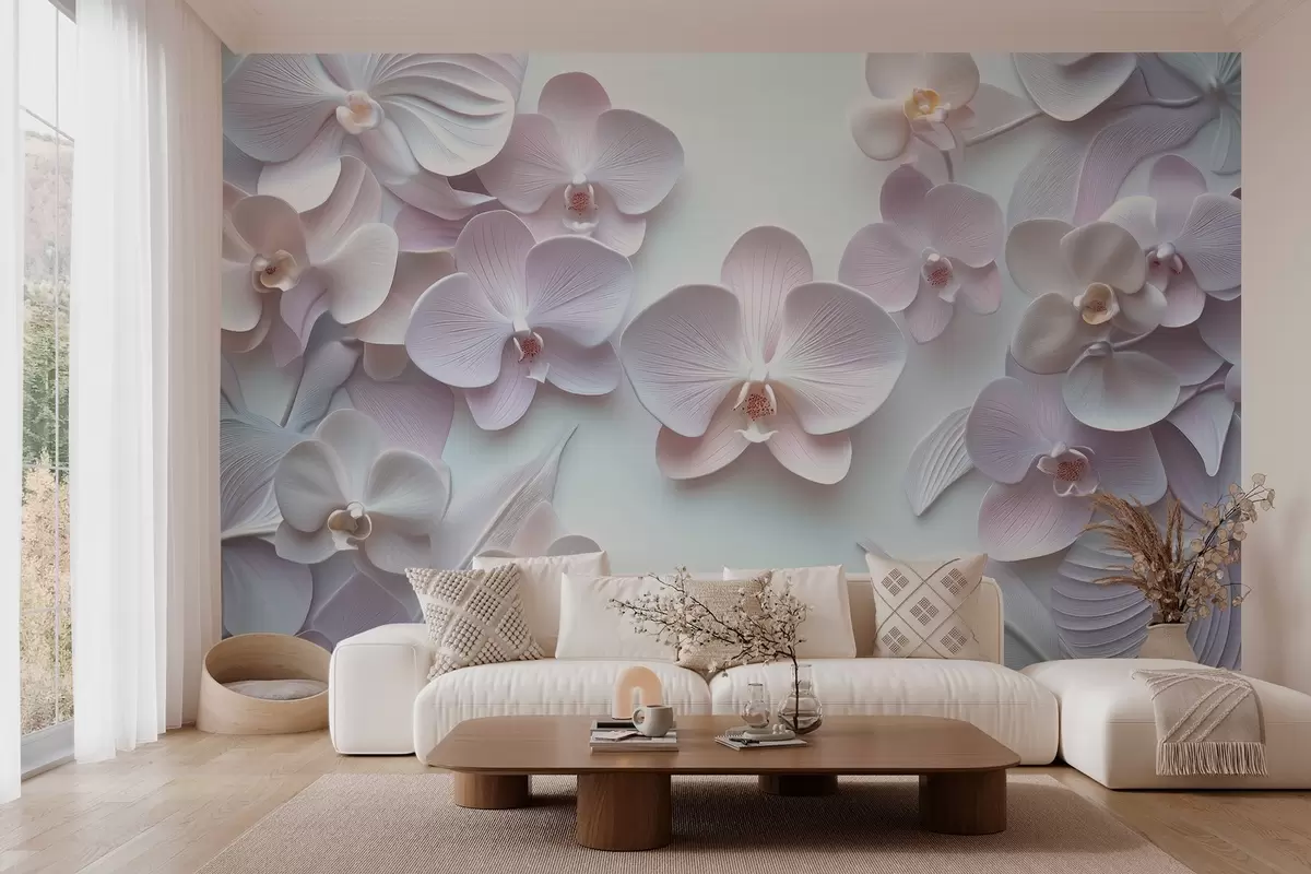 murales de pared Delicadas flores de arquidios en colores claros con imitación 3D  w02912