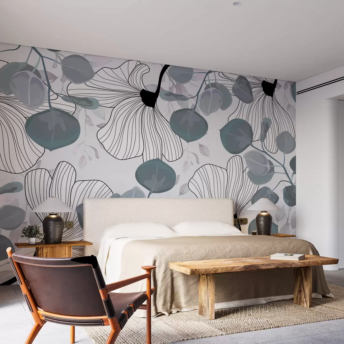 murales de pared Arreglo de flores blancas y hojas azules w02955v1