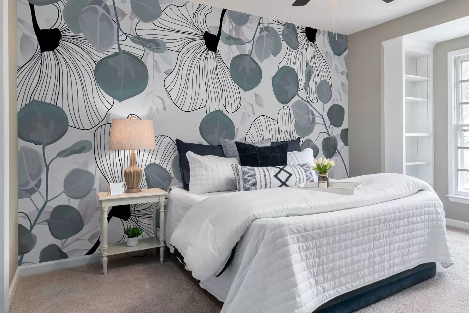 murales de pared Arreglo de flores blancas y hojas azules w02955v1