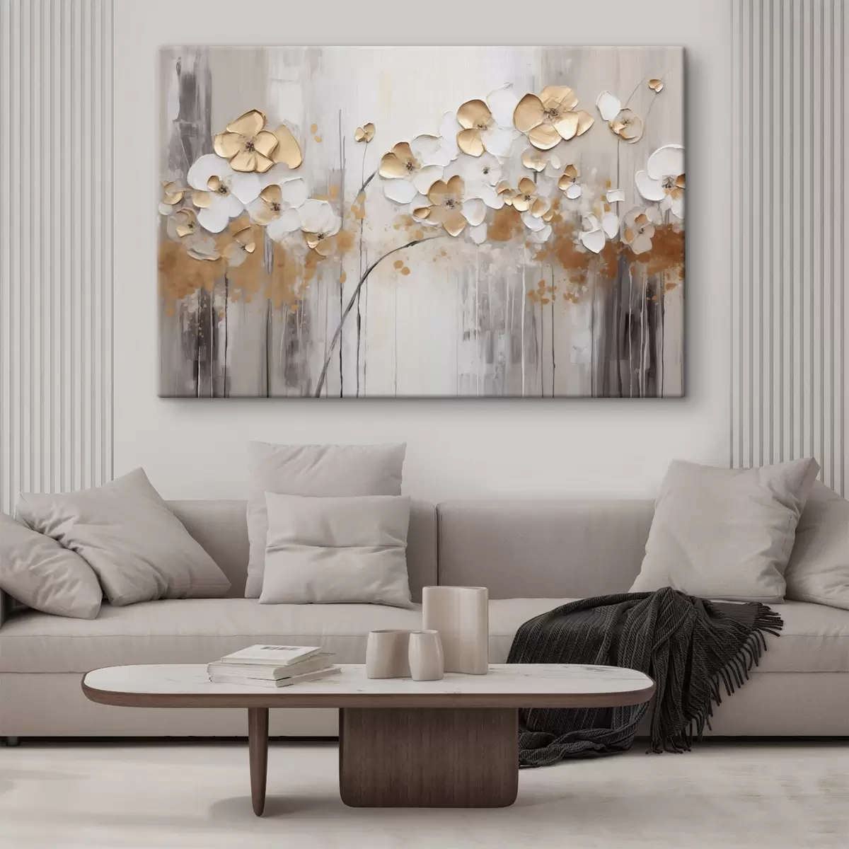 murales de pared Flores con pétalos texturizados sobre un fondo suave y apagado con salpicaduras abstractas de color y líneas verticales  s42713