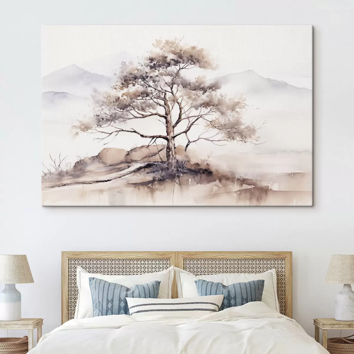 murales de pared Un árbol solitario de tronco retorcido y ramas escasas, sobre un fondo suave y apagado de montañas  s42715