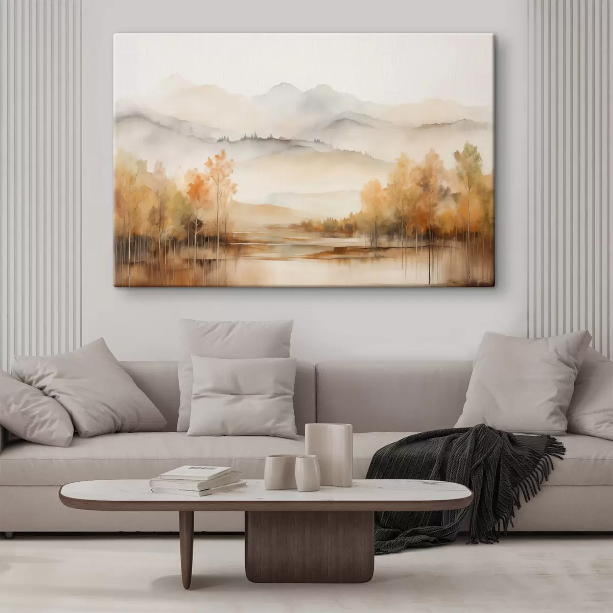 murales de pared Paisaje de suaves montañas con un tranquilo lago que refleja el paisaje y árboles de follaje anaranjado s42716