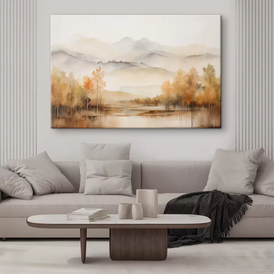 murales de pared Paisaje de suaves montañas con un tranquilo lago que refleja el paisaje y árboles de follaje anaranjado s42716