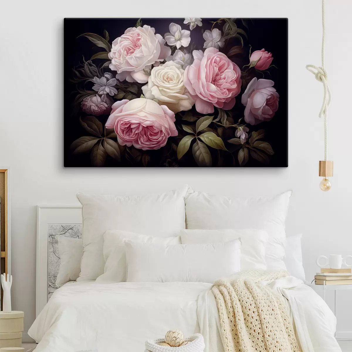 murales de pared Rosas rosas y blancas dispuestas con delicadas flores blancas y hojas verdes sobre un fondo oscuro s42721