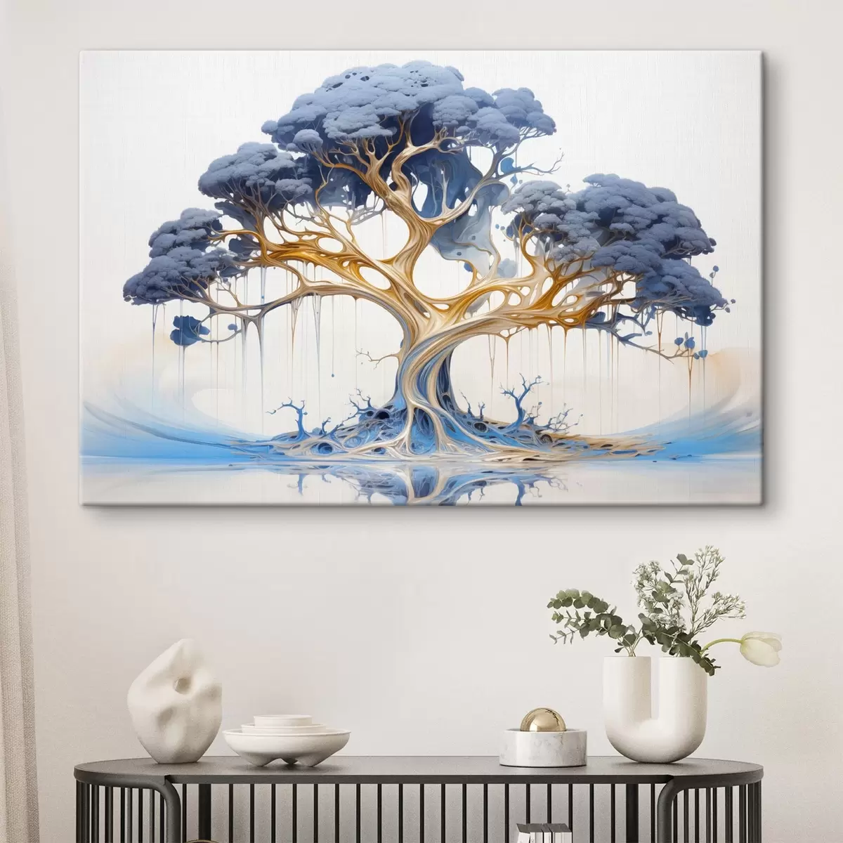 murales de pared Un árbol estilizado con ramas y follaje intrincados, con una mezcla de tonos azules y amarillos s42722