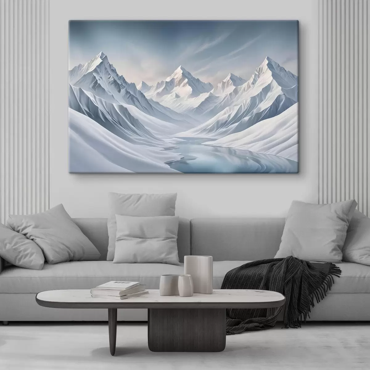 murales de pared Montañas nevadas con picos nítidos y un cielo con un suave degradado que pasa del azul pálido al azul claro s42724