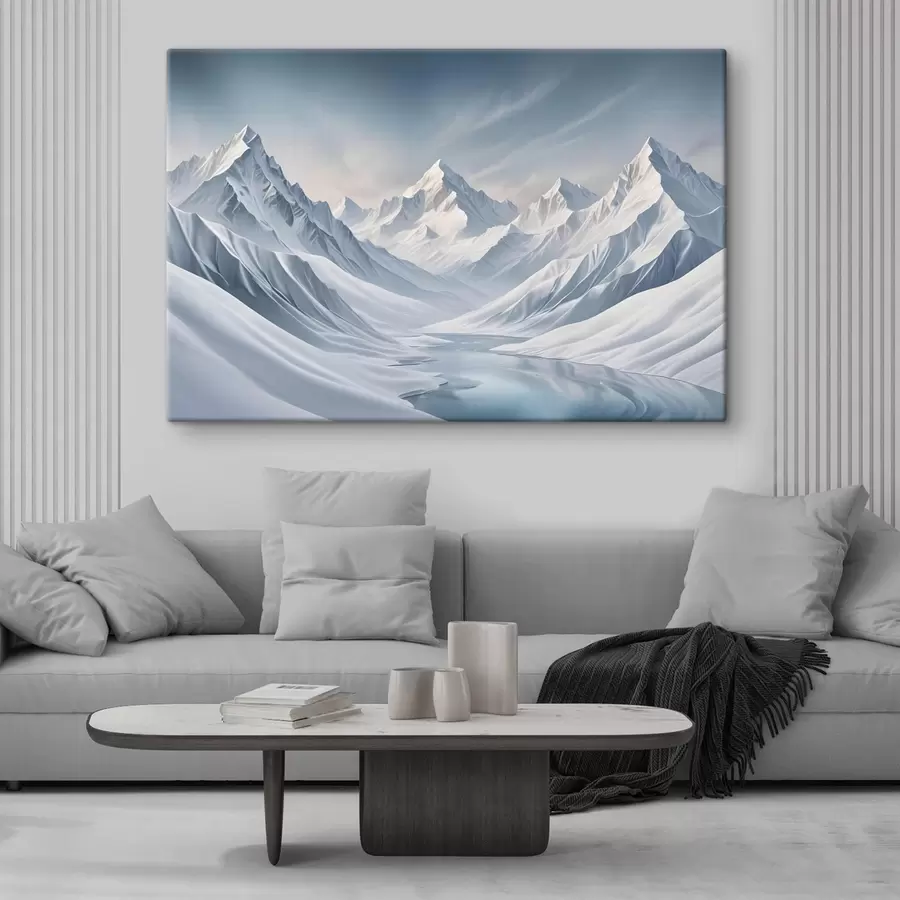 murales de pared Montañas nevadas con picos nítidos y un cielo con un suave degradado que pasa del azul pálido al azul claro s42724