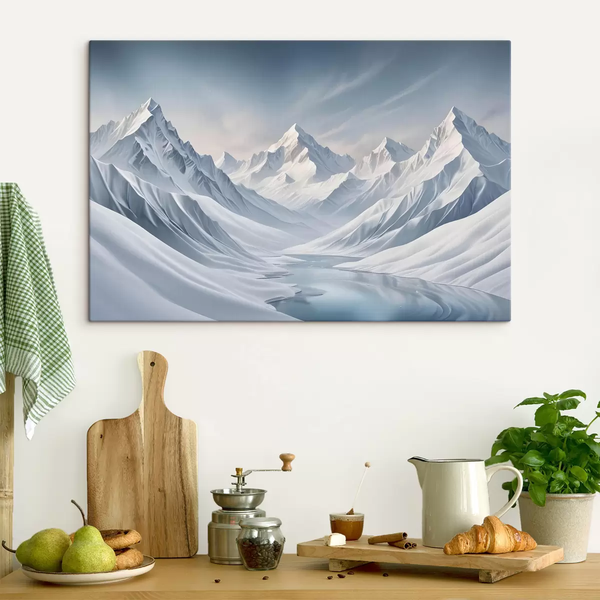 murales de pared Montañas nevadas con picos nítidos y un cielo con un suave degradado que pasa del azul pálido al azul claro s42724