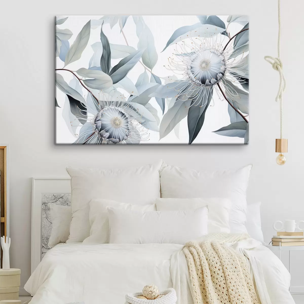 murales de pared Ilustración botánica detallada de flores de eucalipto con filamentos blancos, rodeadas de suaves hojas de color verde claro s42725