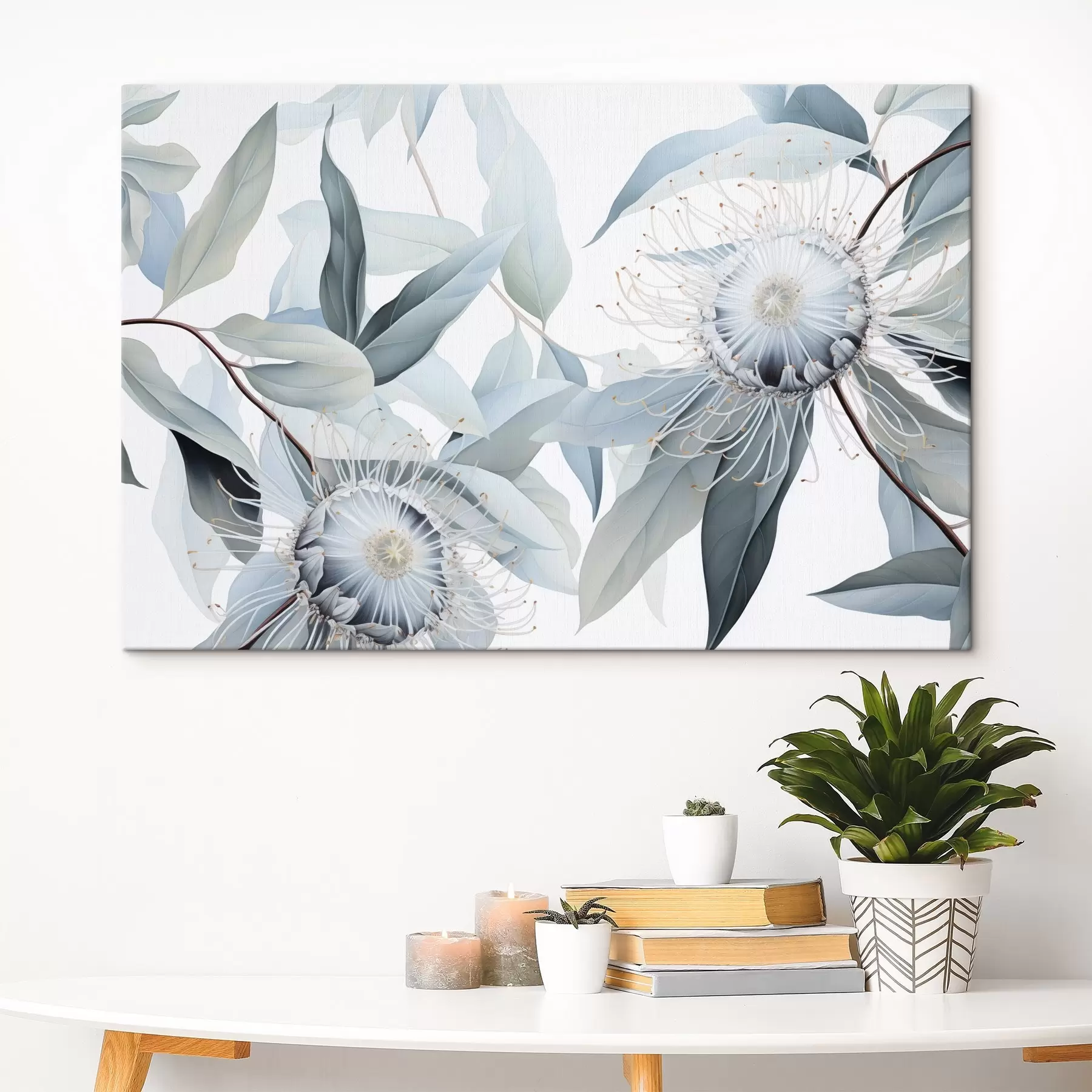 murales de pared Ilustración botánica detallada de flores de eucalipto con filamentos blancos, rodeadas de suaves hojas de color verde claro s42725