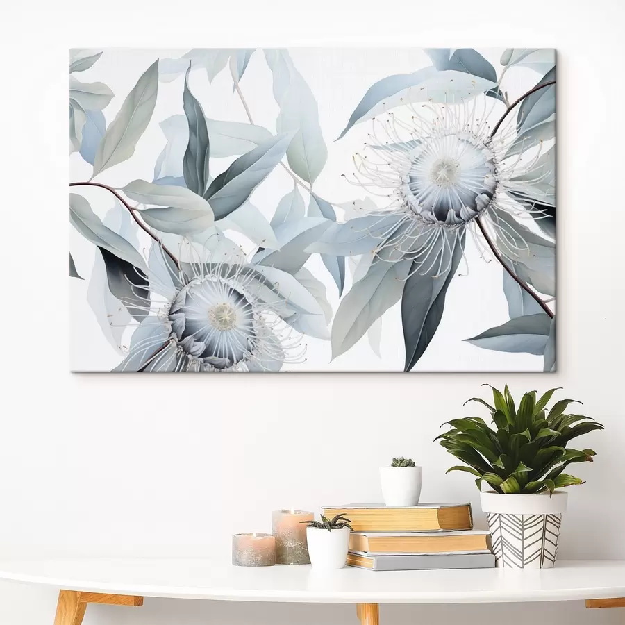 murales de pared Ilustración botánica detallada de flores de eucalipto con filamentos blancos, rodeadas de suaves hojas de color verde claro s42725