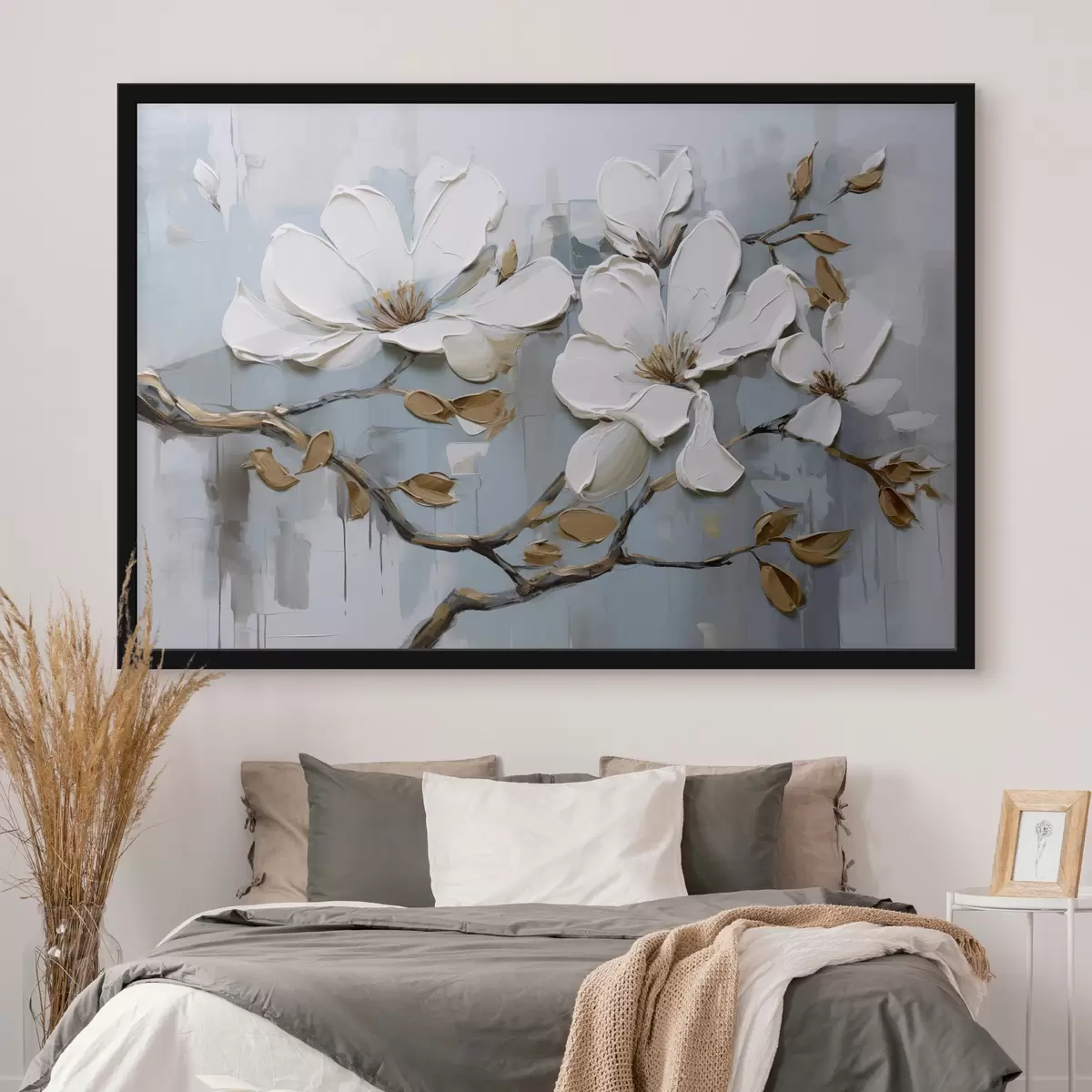 Poster Flores de magnolia blanca con pétalos texturizados y hojas marrones sobre un fondo azul suave imitación pintura al óleo f42711