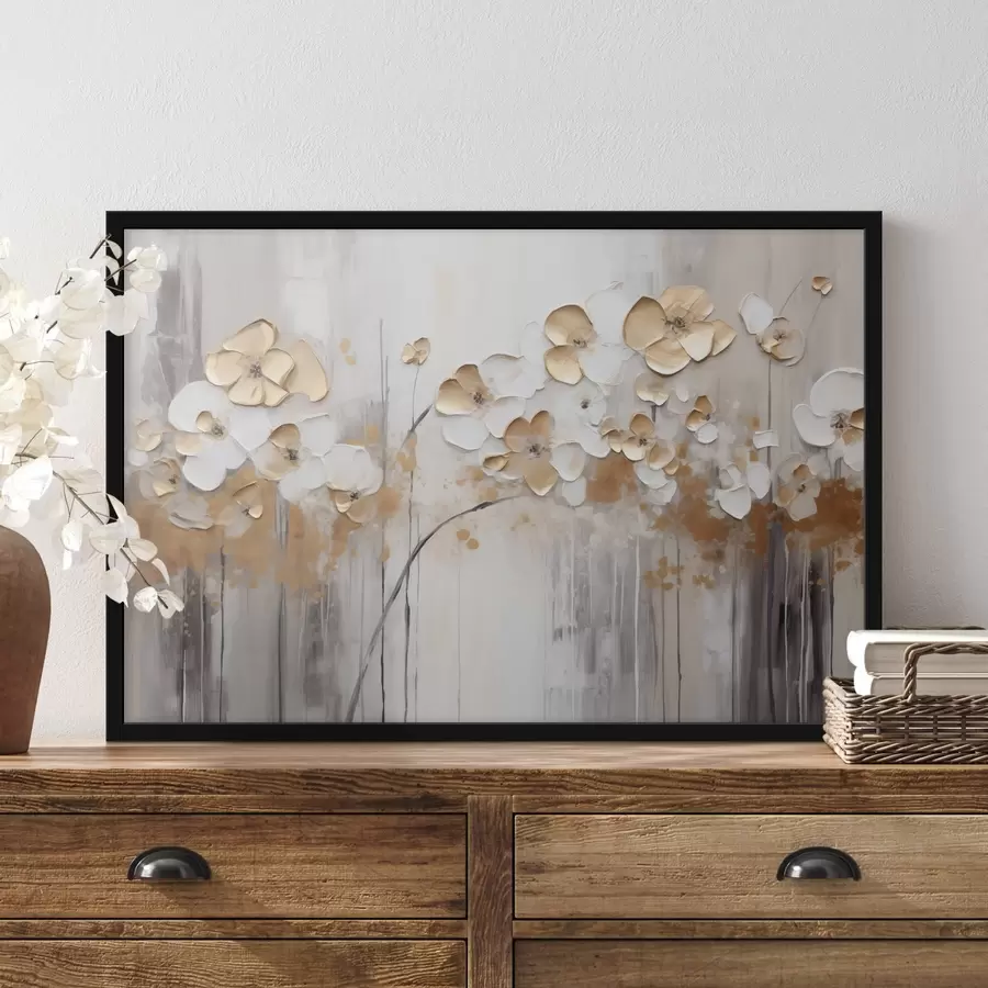 murales de pared Flores con pétalos texturizados sobre un fondo suave y apagado con salpicaduras abstractas de color y líneas verticales f42713